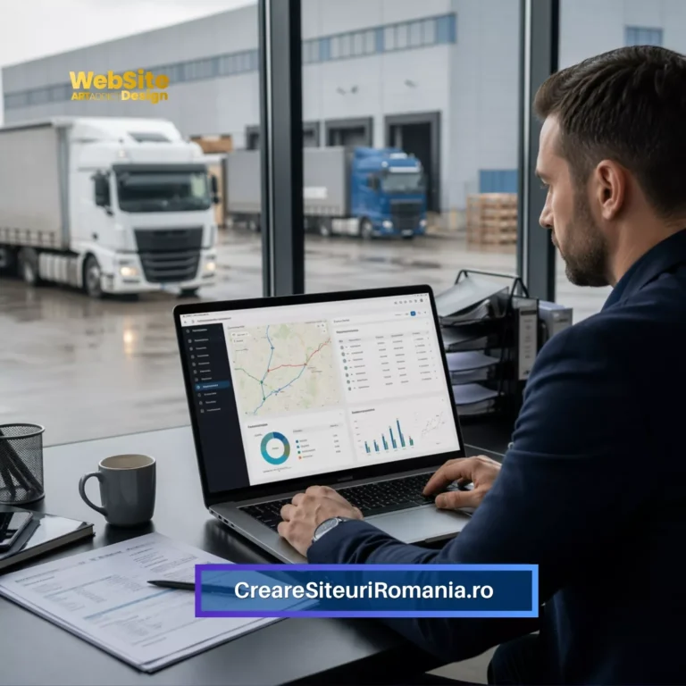 Dashboard TMS pentru companii de transport din România afișat pe laptop, cu rute logistice și camioane în fundal
