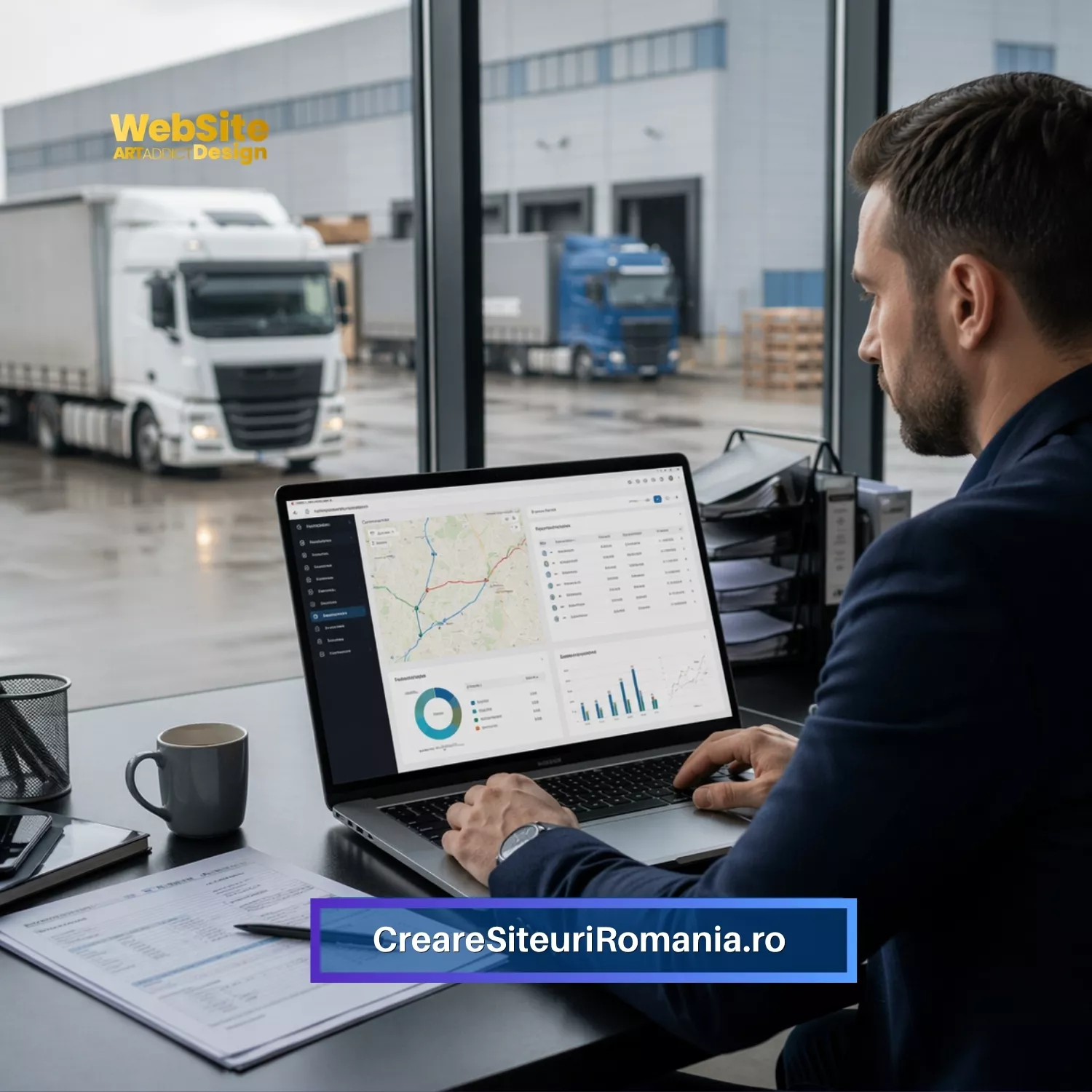 Dashboard TMS pentru companii de transport din România afișat pe laptop, cu rute logistice și camioane în fundal