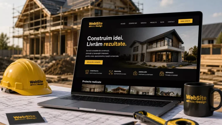 Website modern pentru firmă de construcții din România afișat pe laptop, cu șantier și planuri de arhitectură în fundal